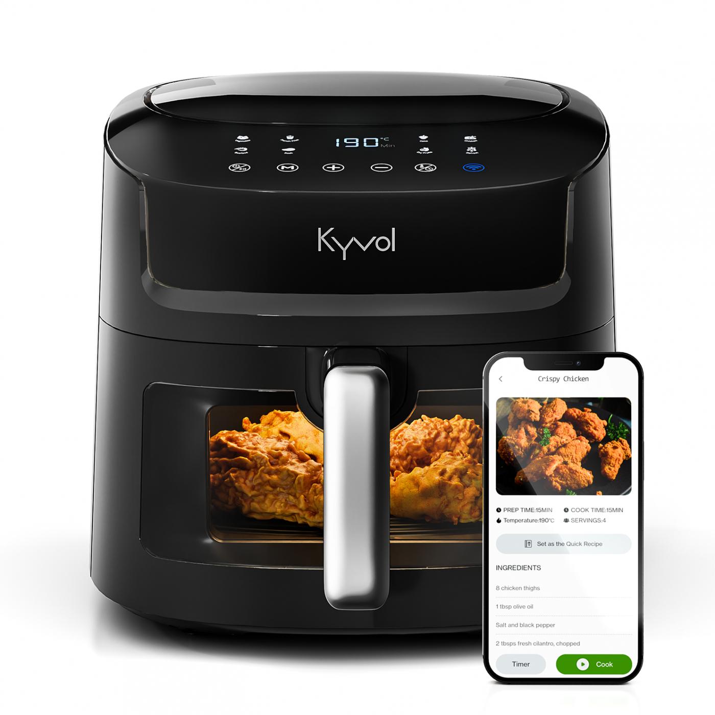 Svart Kyvol CrispMaster 360 airfryer med vindu og digitalt panel