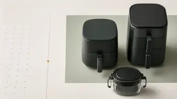 Tre umerkede airfryer-formater i ulike høyder og kurvløsninger på et lyst sammenligningsark