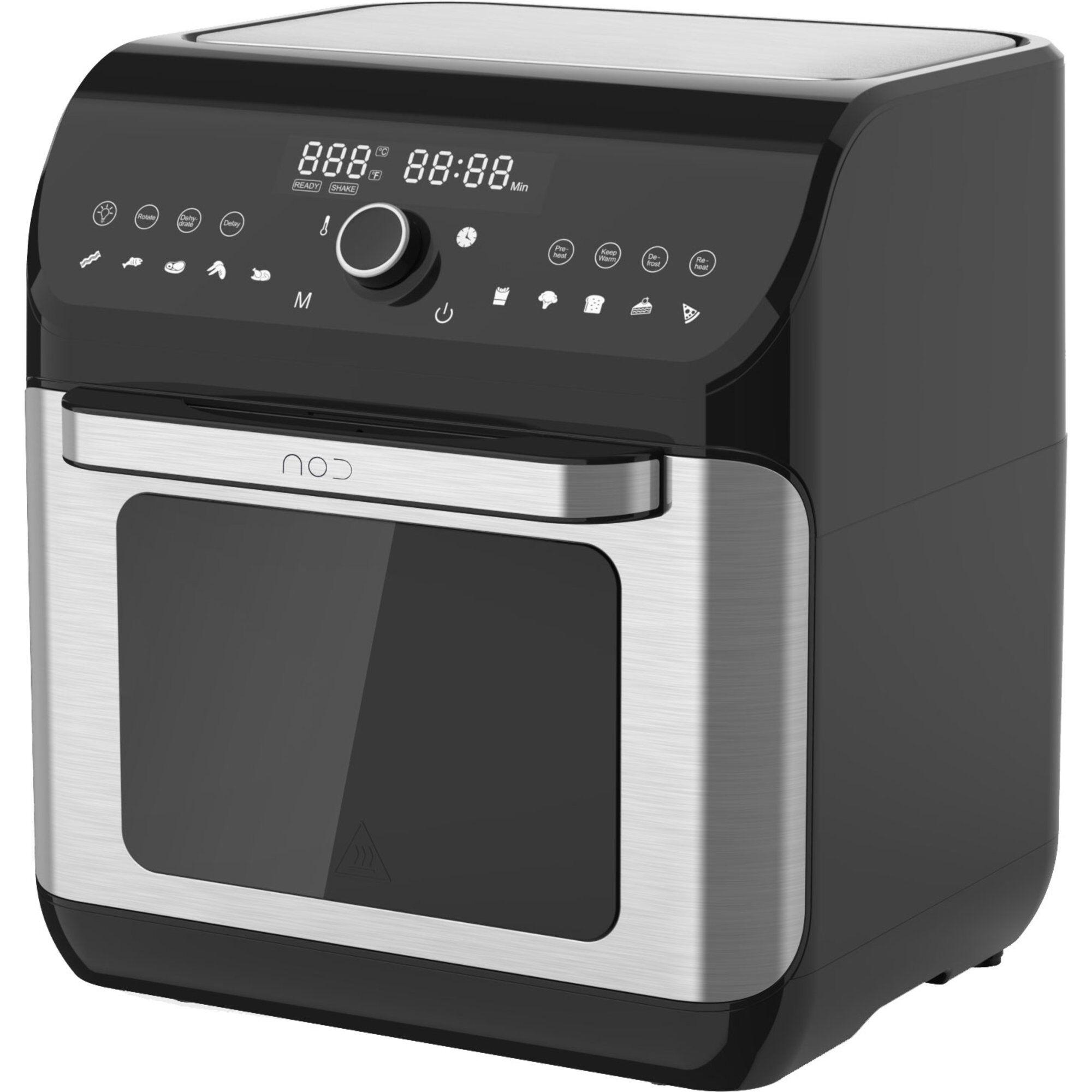 Svart NOD airfryer-ovn med vindu, stekebrett og rotisserie