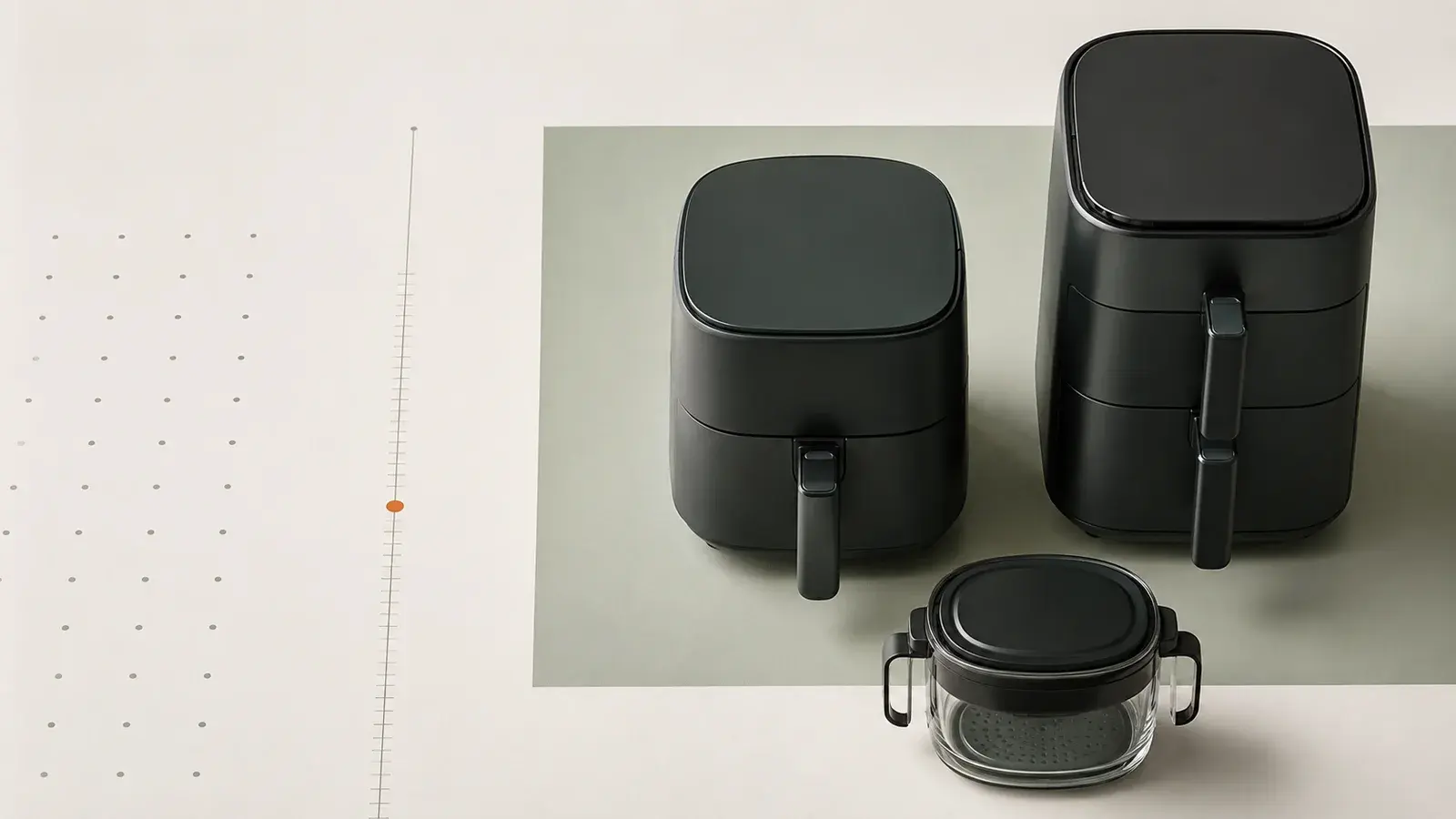 Tre umerkede airfryer-formater i ulike høyder og kurvløsninger på et lyst sammenligningsark